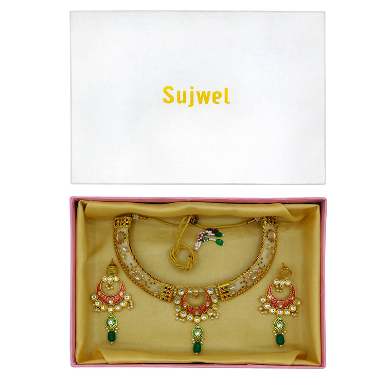 New Sujwel Imitation Hathi Dant Gold Necklace Set (08-0474)