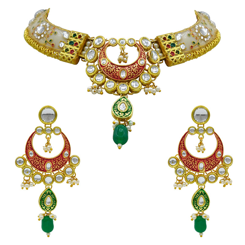 New Sujwel Imitation Hathi Dant Gold Necklace Set (08-0474)