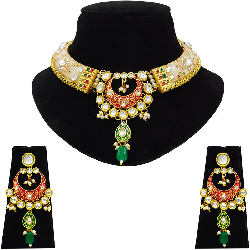 New Sujwel Imitation Hathi Dant Gold Necklace Set (08-0474)