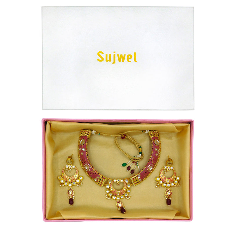 New Sujwel Imitation Hathi Dant Gold Necklace Set (08-0474)