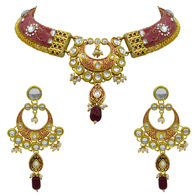 New Sujwel Imitation Hathi Dant Gold Necklace Set (08-0474)