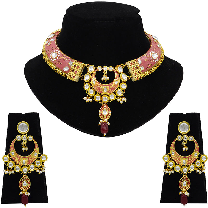 New Sujwel Imitation Hathi Dant Gold Necklace Set (08-0474)