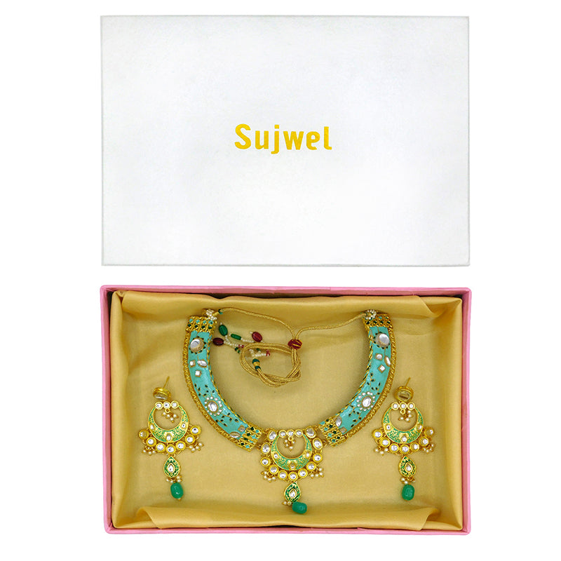 New Sujwel Imitation Hathi Dant Gold Necklace Set (08-0474)