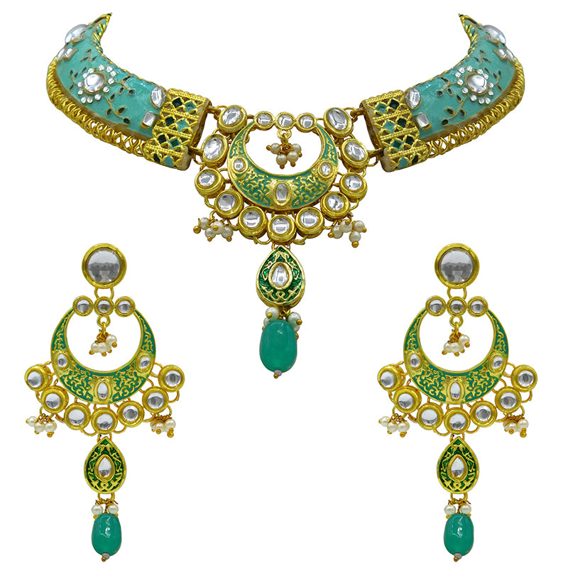 New Sujwel Imitation Hathi Dant Gold Necklace Set (08-0474)
