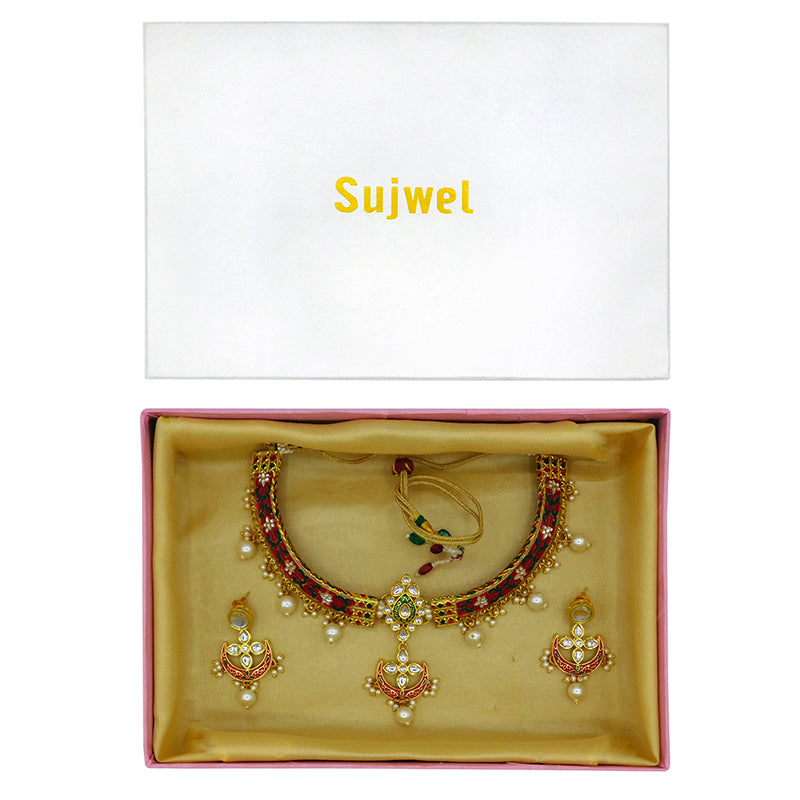 New Sujwel Imitation Hathi Dant Gold Necklace Set (08-0476)