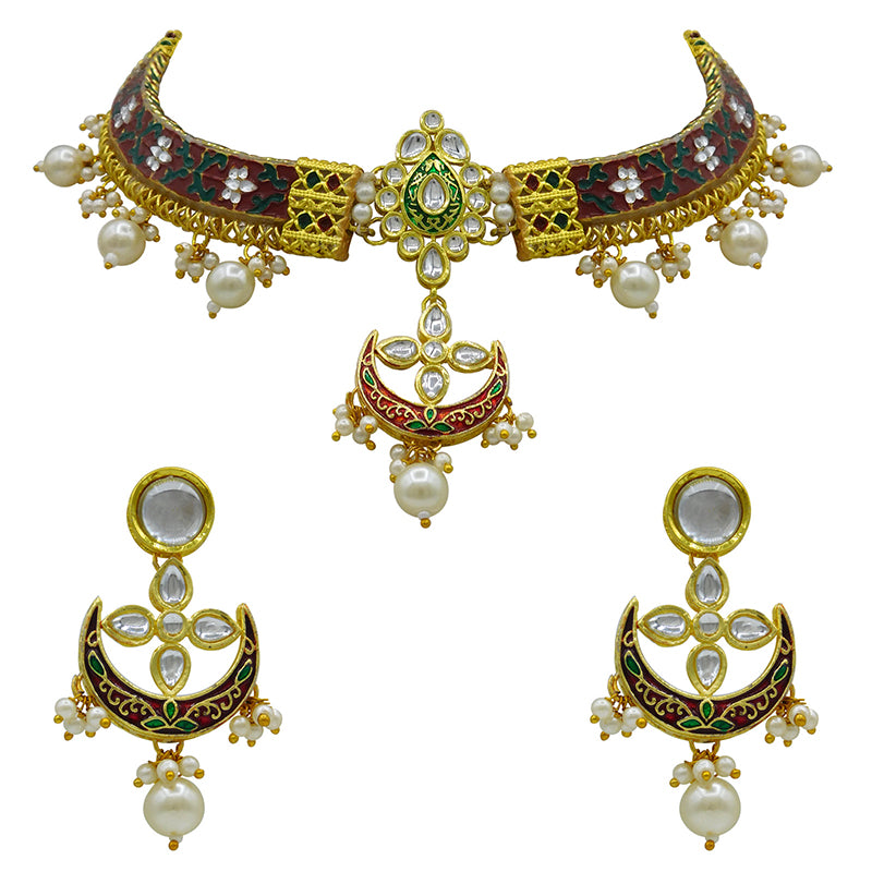 New Sujwel Imitation Hathi Dant Gold Necklace Set (08-0476)