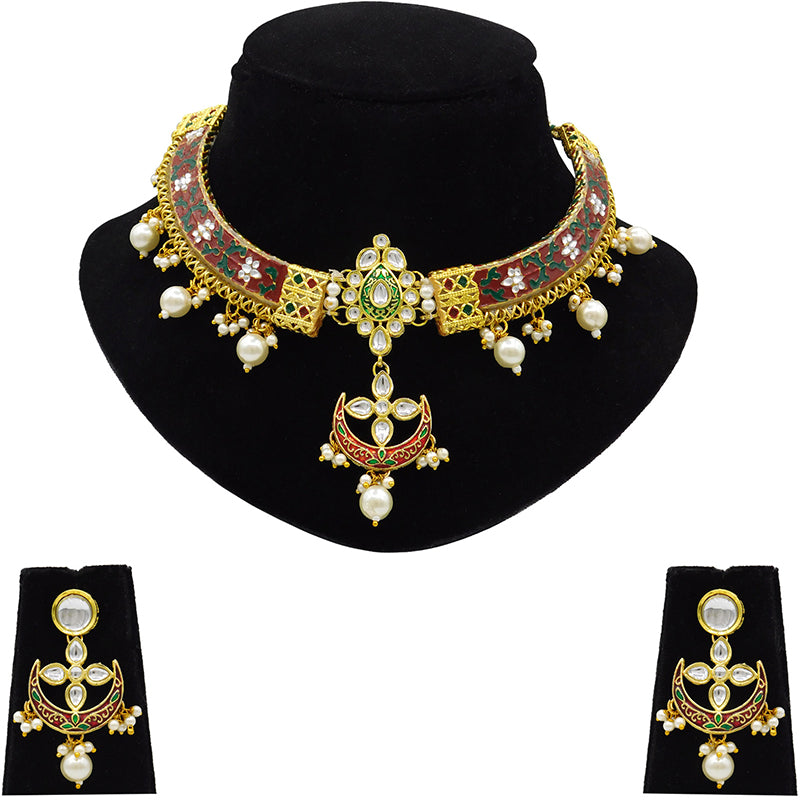 New Sujwel Imitation Hathi Dant Gold Necklace Set (08-0476)