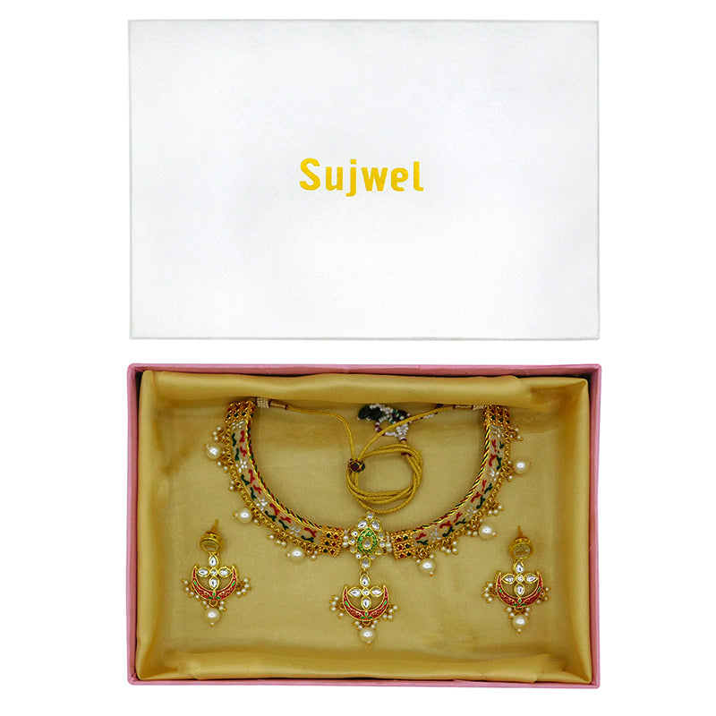 New Sujwel Imitation Hathi Dant Gold Necklace Set (08-0476)