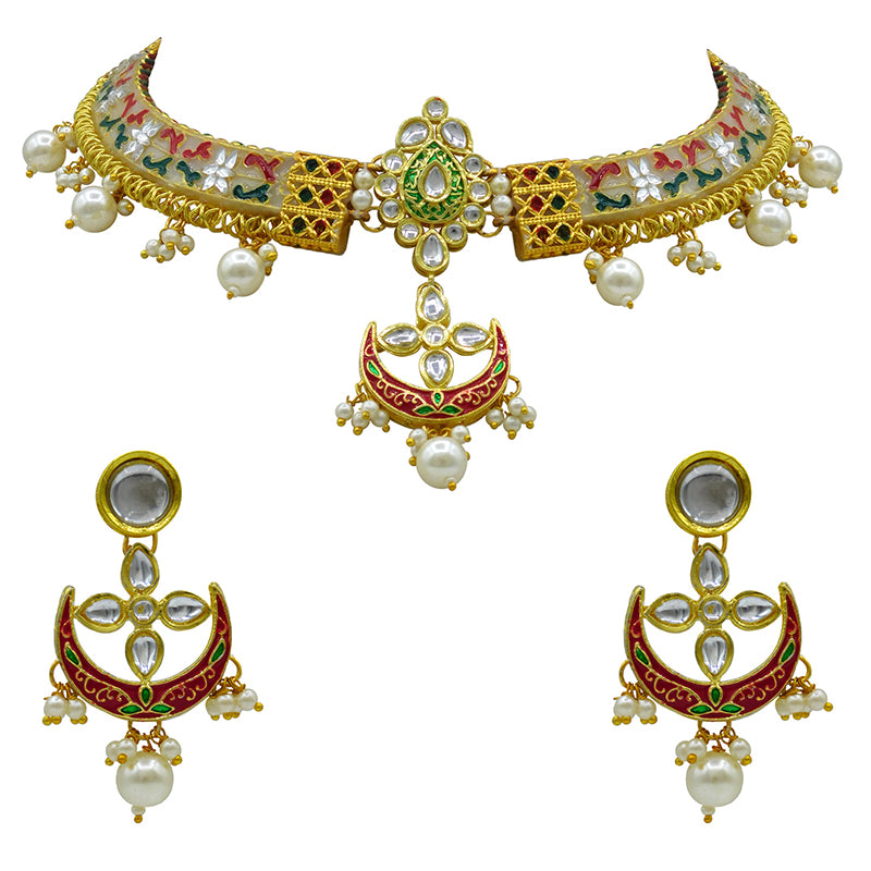 New Sujwel Imitation Hathi Dant Gold Necklace Set (08-0476)