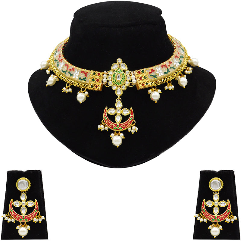 New Sujwel Imitation Hathi Dant Gold Necklace Set (08-0476)