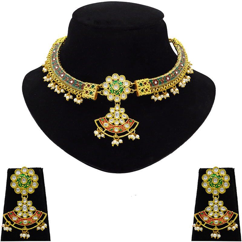 New Sujwel Imitation Hathi Dant Gold Necklace Set (08-0477)