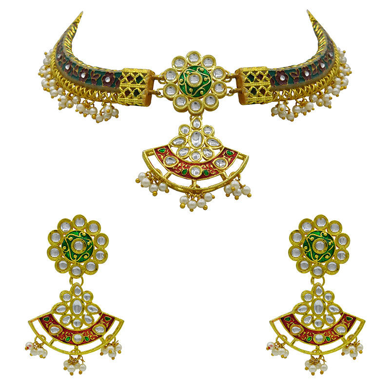 New Sujwel Imitation Hathi Dant Gold Necklace Set (08-0477)