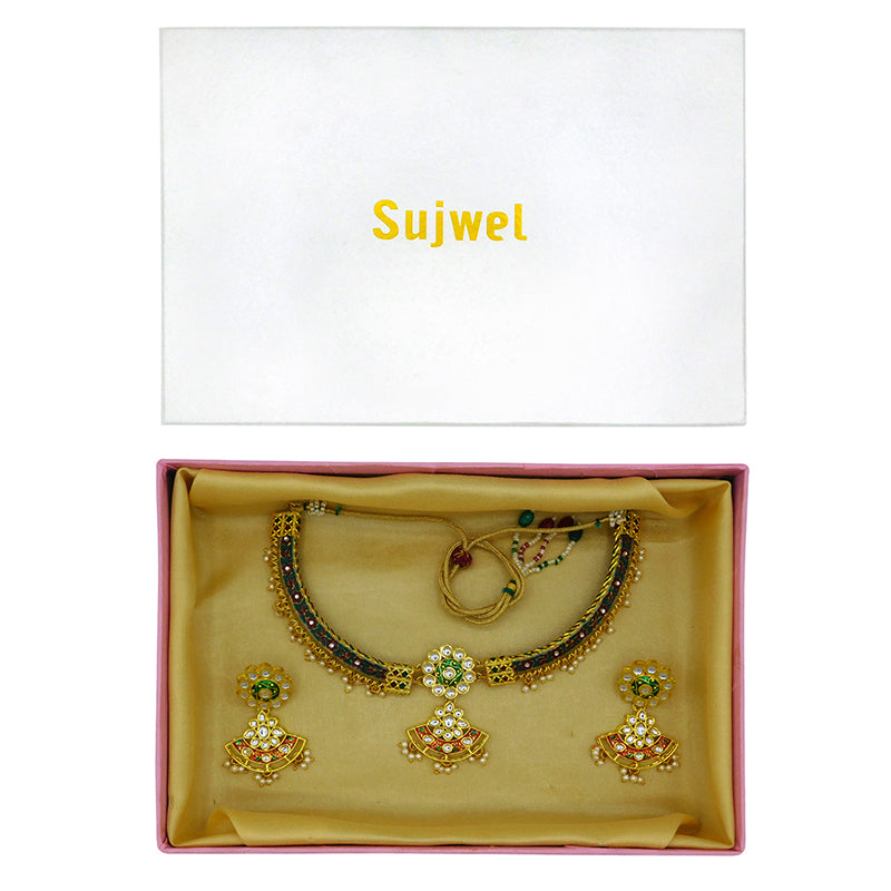 New Sujwel Imitation Hathi Dant Gold Necklace Set (08-0477)