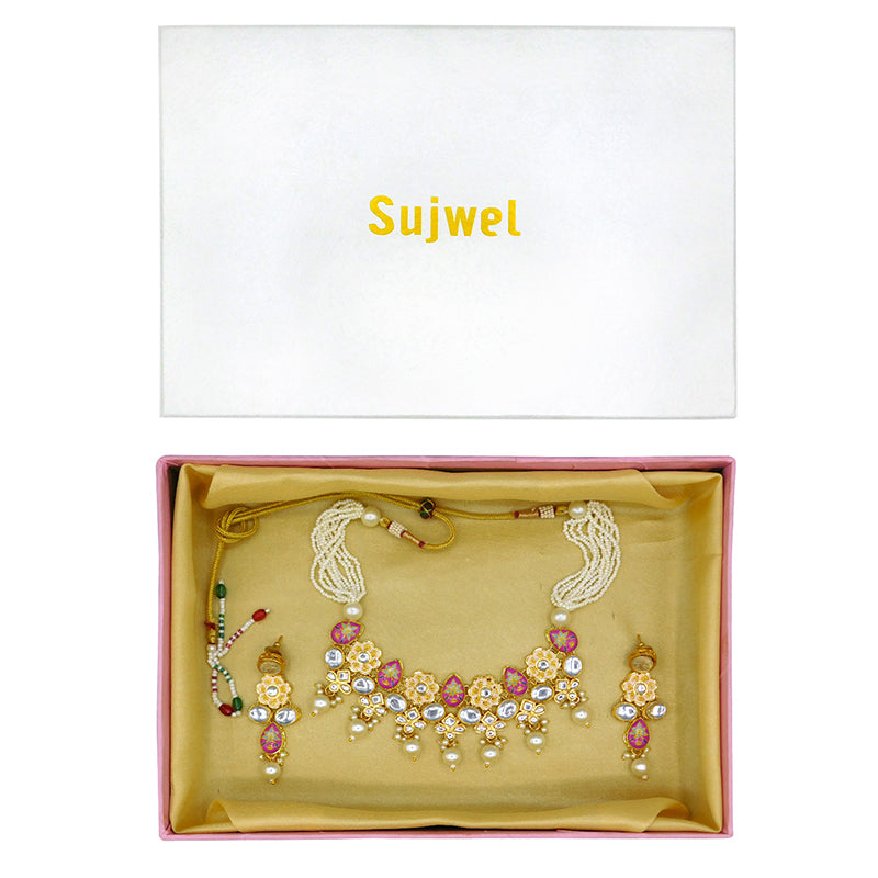Sujwel Gold Plated Kundan Floral Design Choker Necklace Set (08-0482)