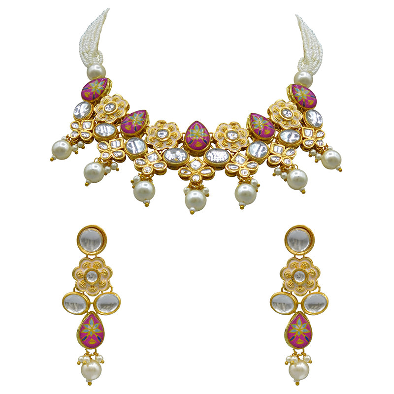 Sujwel Gold Plated Kundan Floral Design Choker Necklace Set (08-0482)