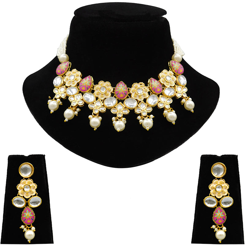 Sujwel Gold Plated Kundan Floral Design Choker Necklace Set (08-0482)