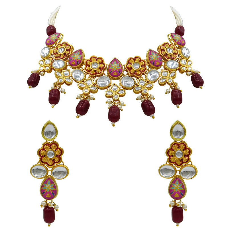 Sujwel Gold Plated Kundan Floral Design Choker Necklace Set (08-0482)