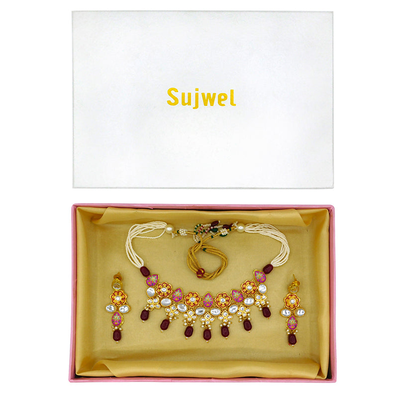 Sujwel Gold Plated Kundan Floral Design Choker Necklace Set (08-0482)