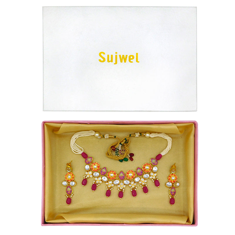 Sujwel Gold Plated Kundan Floral Design Choker Necklace Set (08-0482)