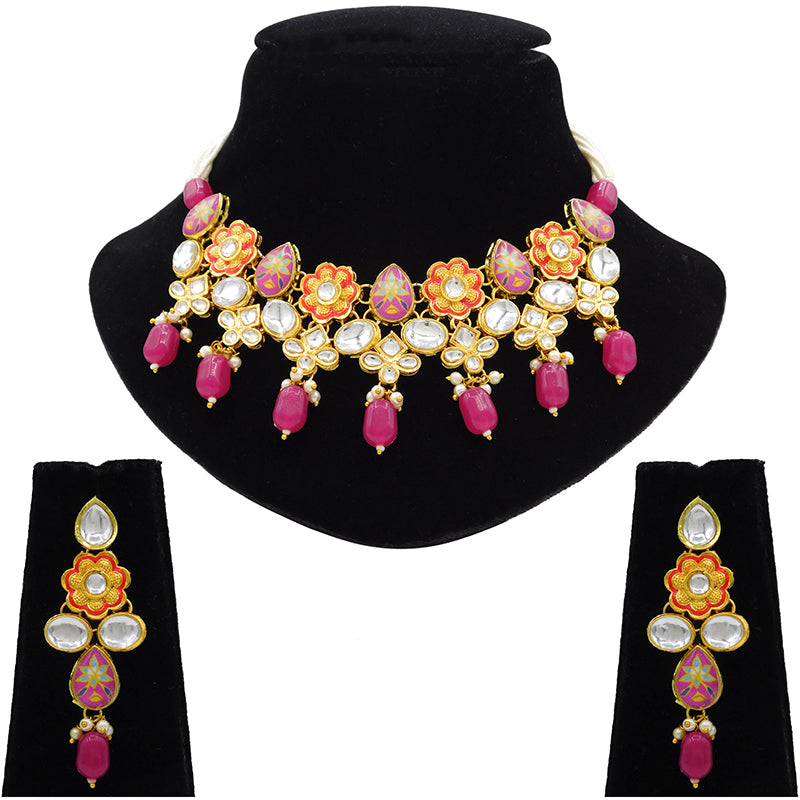 Sujwel Gold Plated Kundan Floral Design Choker Necklace Set (08-0482)