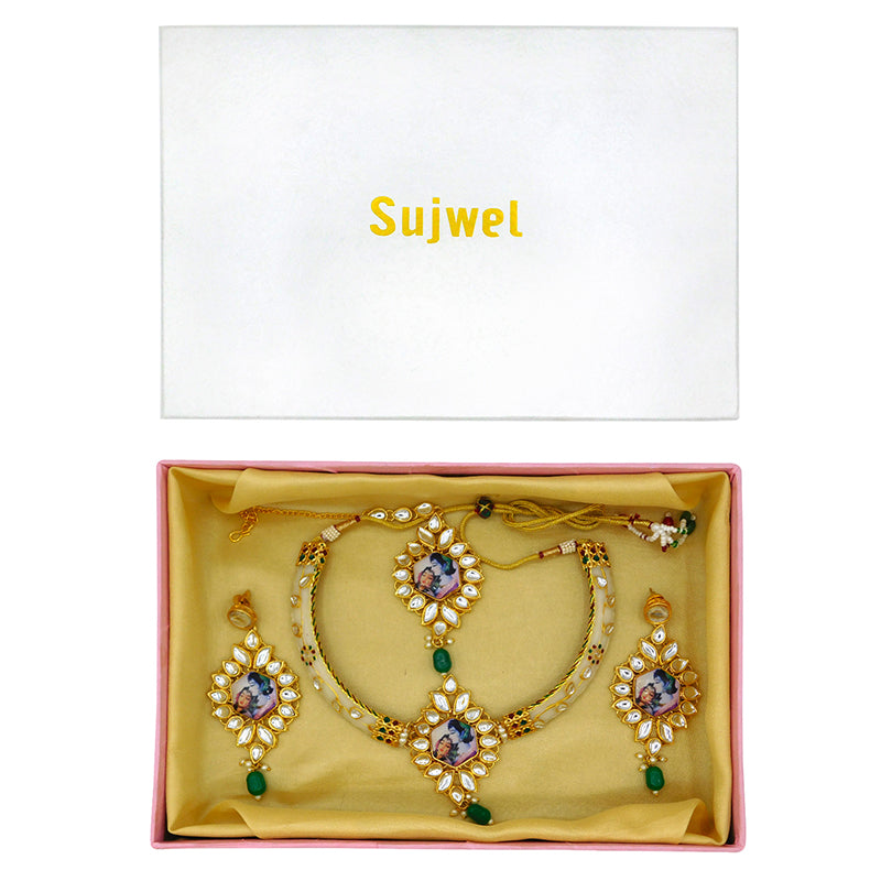 New Sujwel Imitation Hathi Dant Gold Necklace Set (08-0486)