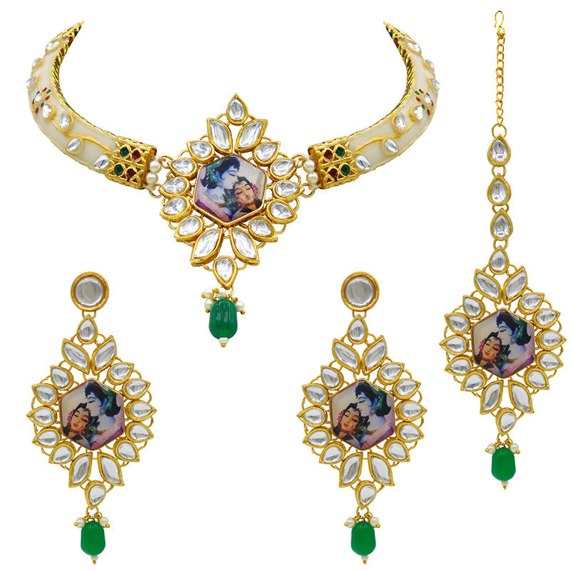 New Sujwel Imitation Hathi Dant Gold Necklace Set (08-0486)
