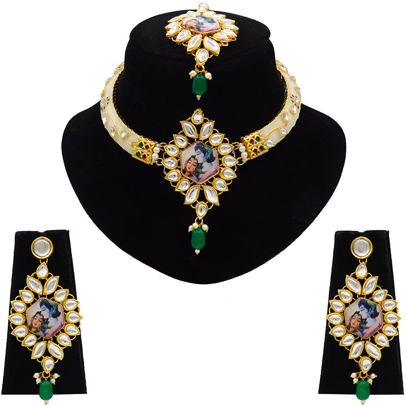 New Sujwel Imitation Hathi Dant Gold Necklace Set (08-0486)