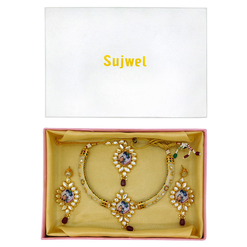New Sujwel Imitation Hathi Dant Gold Necklace Set (08-0486)