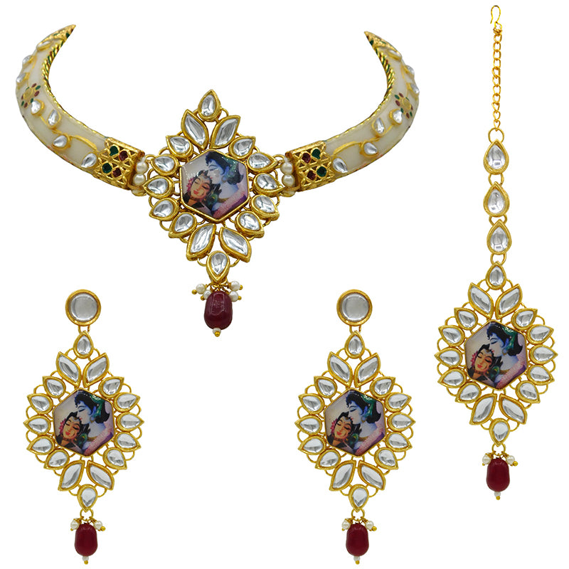 New Sujwel Imitation Hathi Dant Gold Necklace Set (08-0486)