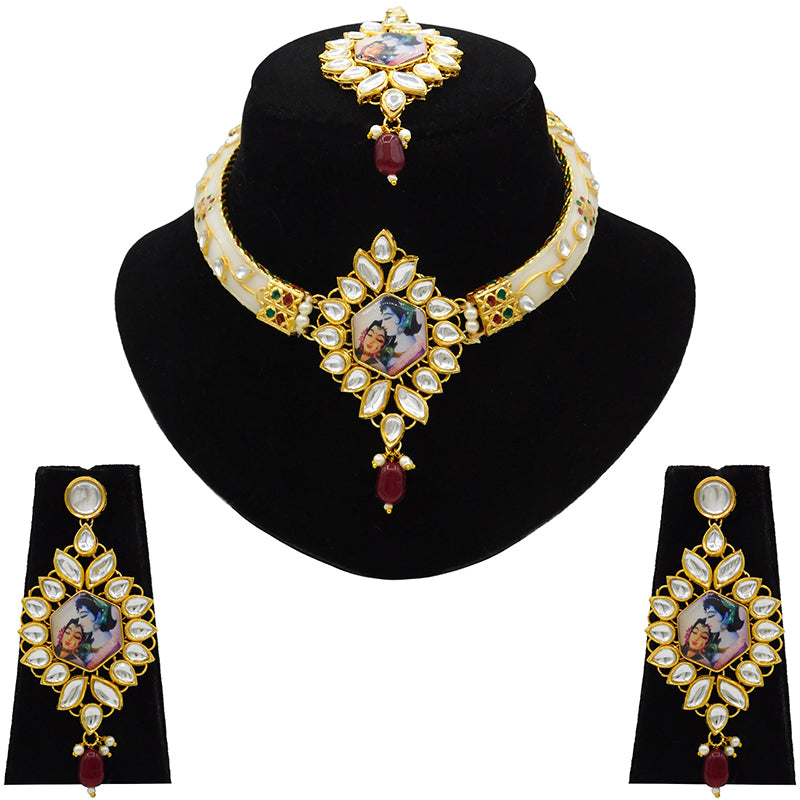 New Sujwel Imitation Hathi Dant Gold Necklace Set (08-0486)