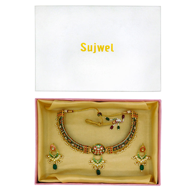 New Sujwel Imitation Hathi Dant Gold Necklace Set (08-0489)