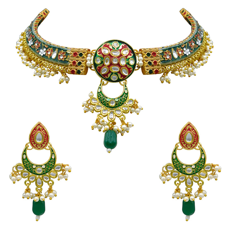 New Sujwel Imitation Hathi Dant Gold Necklace Set (08-0489)