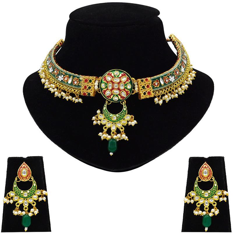 New Sujwel Imitation Hathi Dant Gold Necklace Set (08-0489)