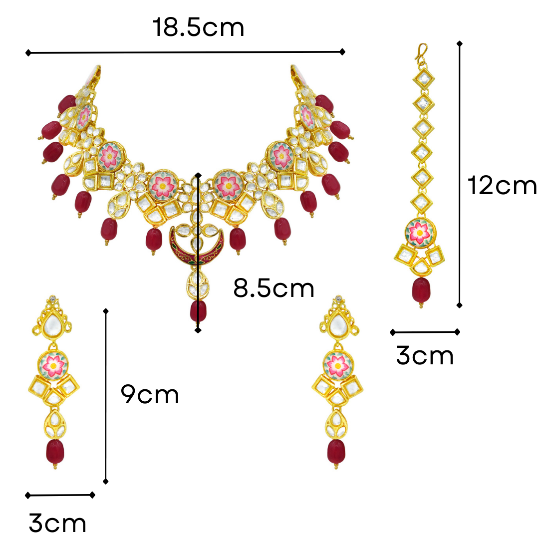 Sujwel Kundan and Painting with Floral Design Chokar Necklace Set (08-0282) - Sujwel