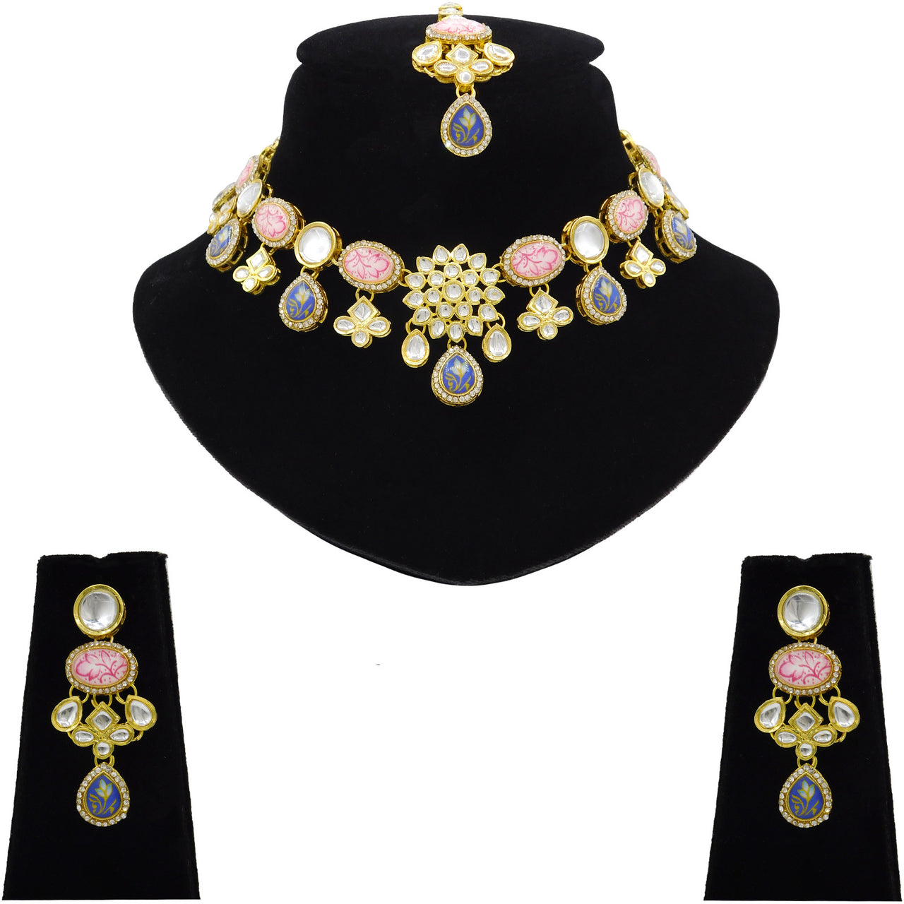 Sujwel Gold Plated Kundan Stones Design Choker Necklace Set (08-0460) - Sujwel