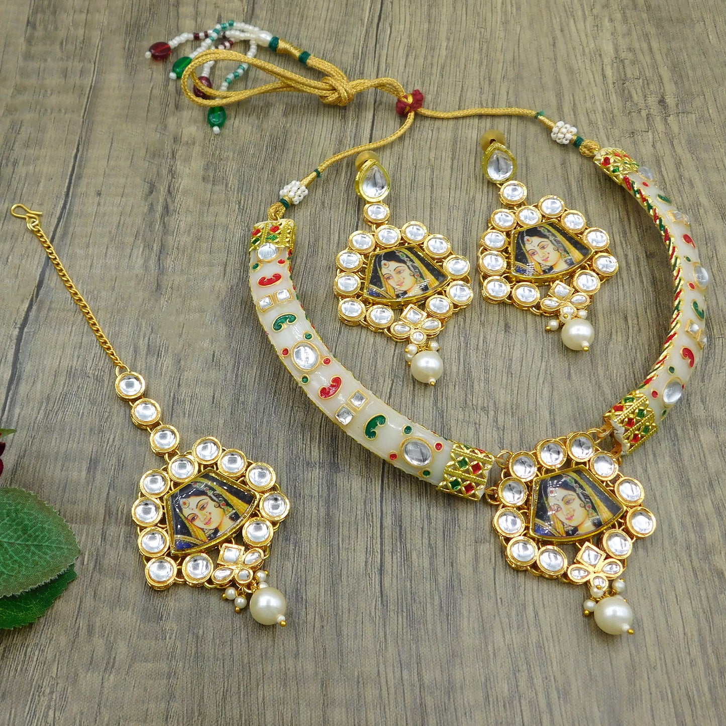 Rani Painting Imitation Hathi Dant Gold Necklace Set (08-0479)