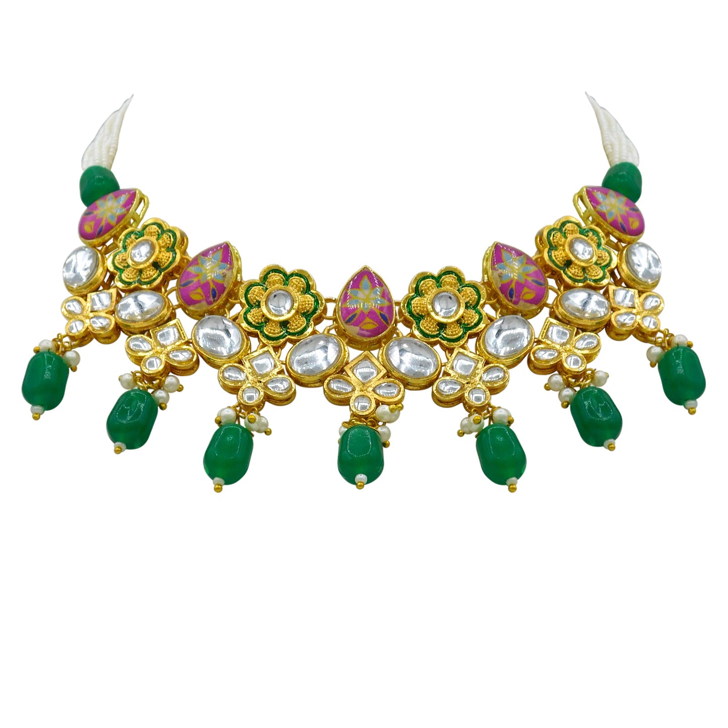 Sujwel Gold Plated Kundan Floral Design Choker Necklace Set (08-0482)