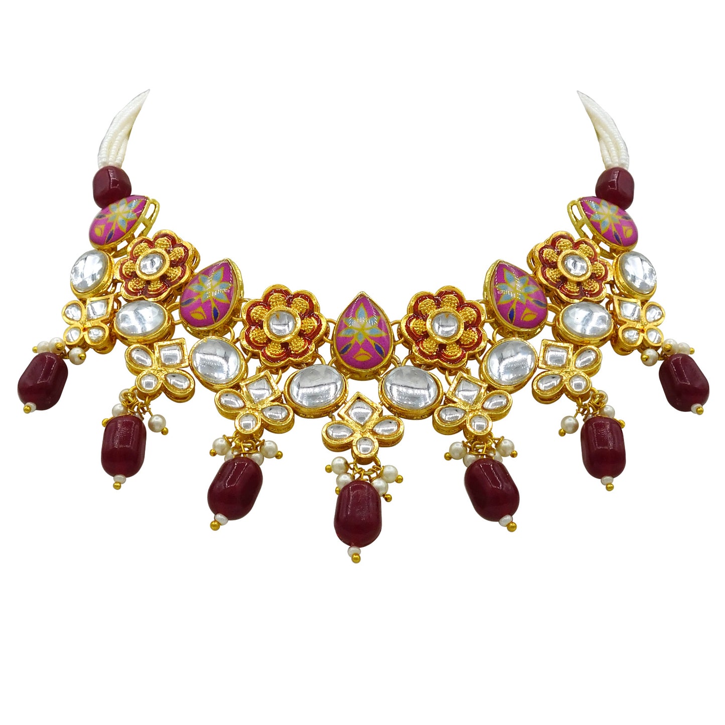 Sujwel Gold Plated Kundan Floral Design Choker Necklace Set (08-0482)