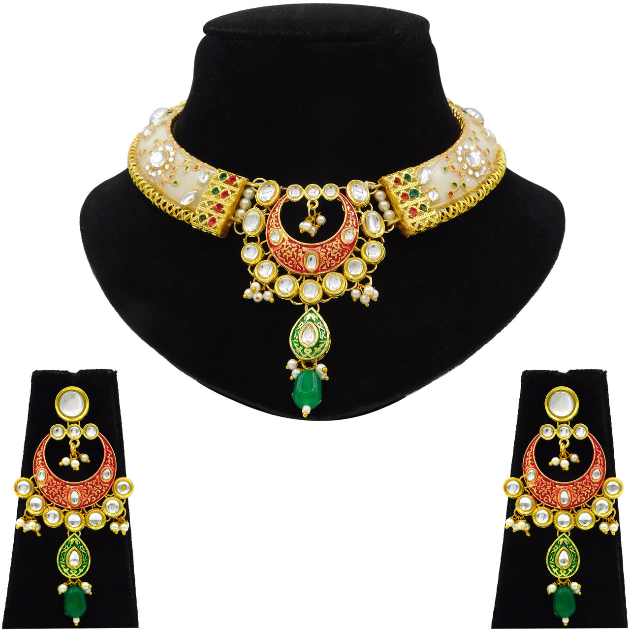 New Sujwel Hathi Dant Gold Necklace Set (08-0474)