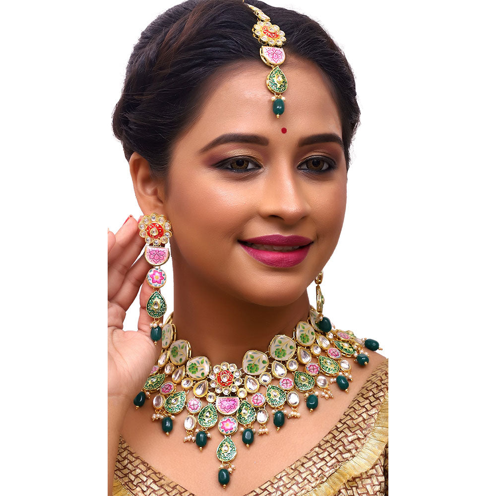 Sujwel Kundan and Meenakari with Floral Design Necklace Set (08-0115) - Sujwel