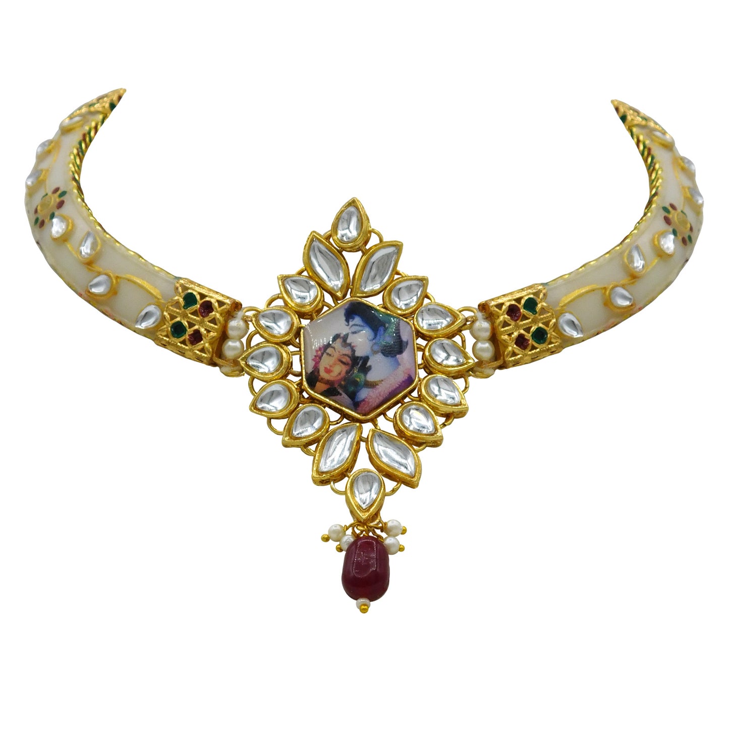 New Sujwel Imitation Hathi Dant Gold Necklace Set (08-0486)
