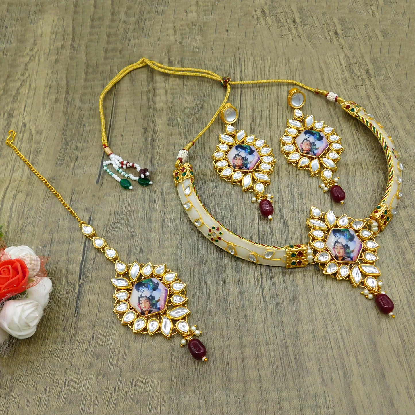 New Sujwel Imitation Hathi Dant Gold Necklace Set (08-0486)