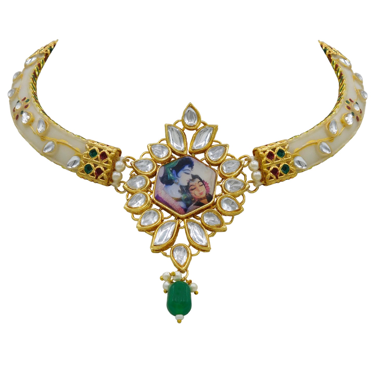 New Sujwel Imitation Hathi Dant Gold Necklace Set (08-0486)