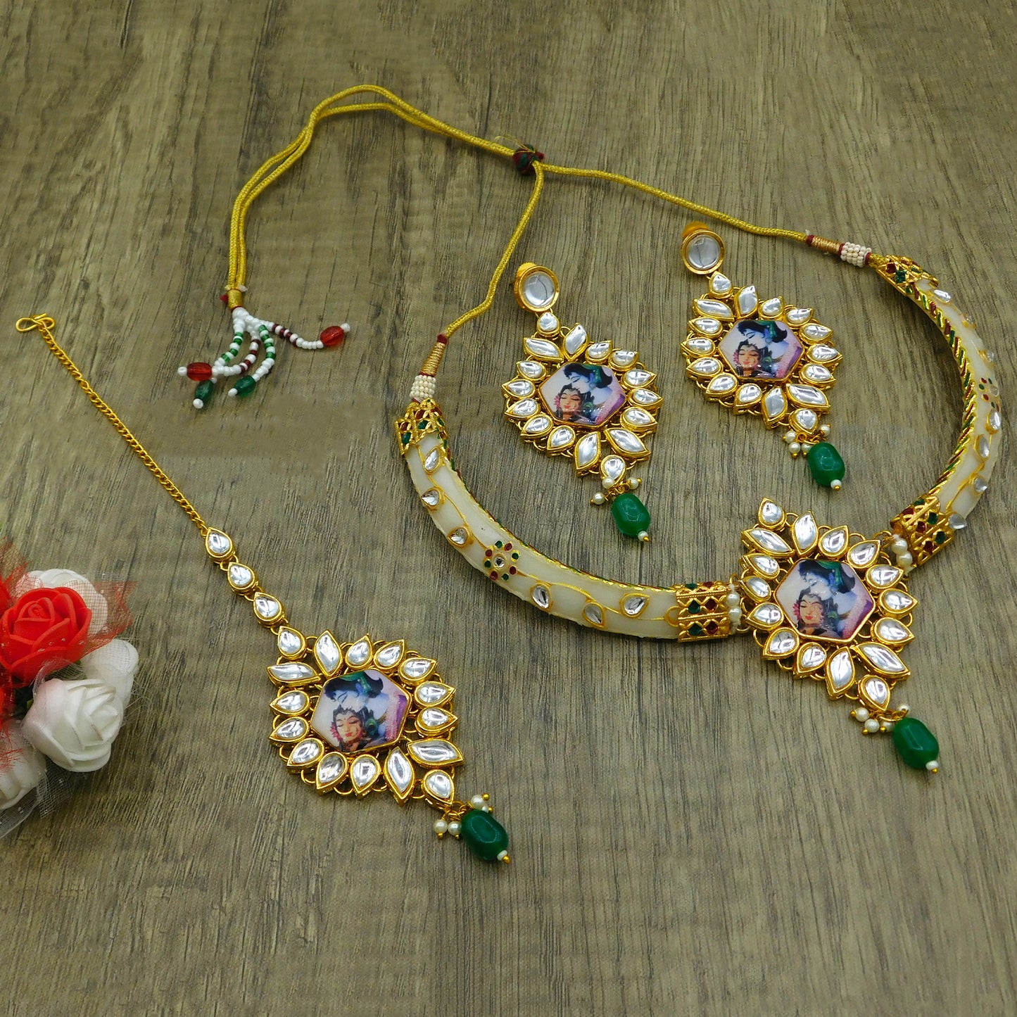 New Sujwel Imitation Hathi Dant Gold Necklace Set (08-0486)