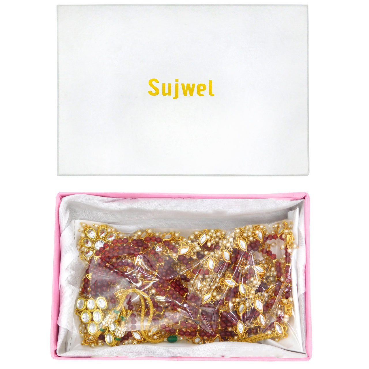Sujwel Gold Plated Kundan 3 Layered Long Jewellery Set for Women (08-0108) - Sujwel