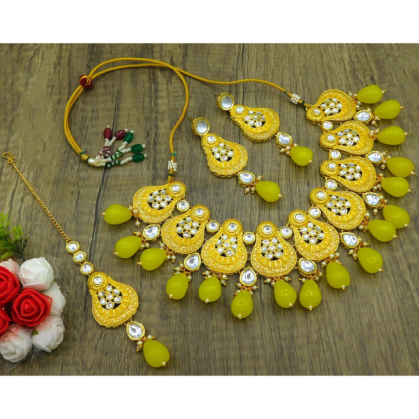 Sujwel Gold Plated Kundan Meenakari Choker Necklace Set (08-0447)