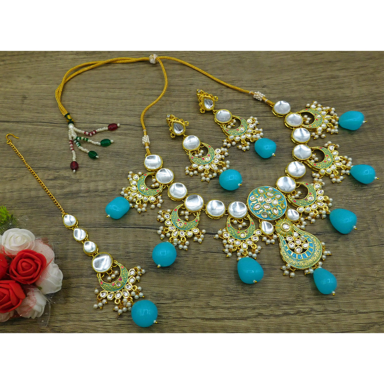 Sujwel Gold Toned Kundan Lamination Floral Design Necklace Set (08-0456)
