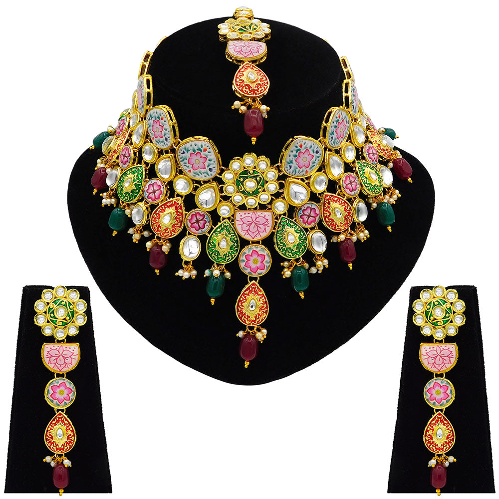 Sujwel Kundan and Meenakari with Floral Design Necklace Set (08-0115) - Sujwel