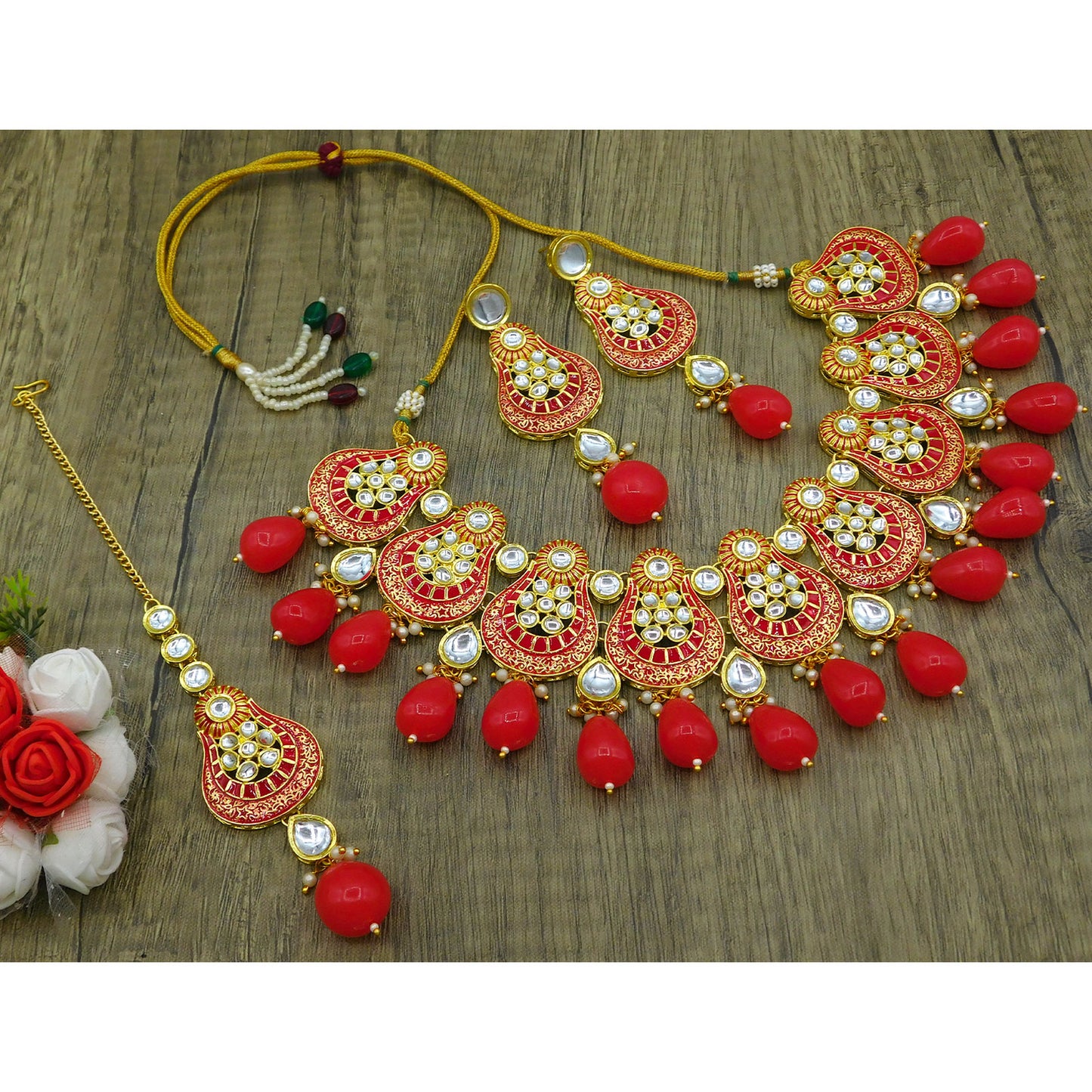 Sujwel Gold Plated Kundan Meenakari Choker Necklace Set (08-0447)