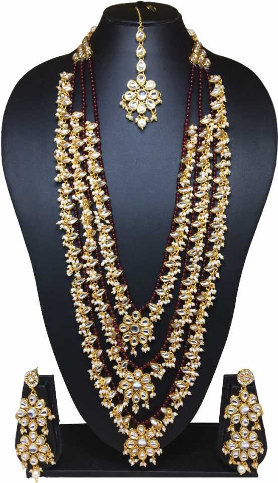 Sujwel Gold Plated Kundan 3 Layered Long Jewellery Set for Women (08-0108) - Sujwel